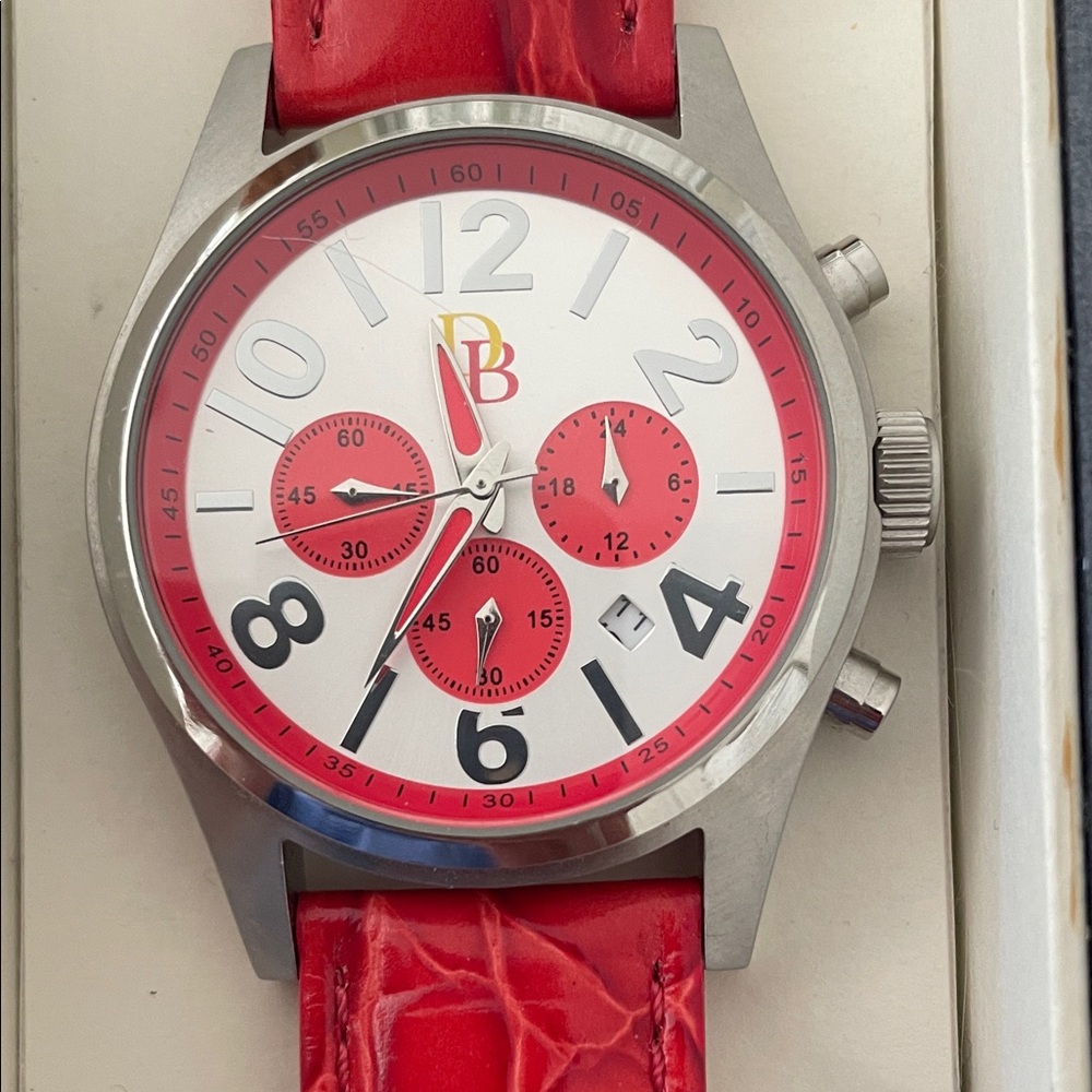 Dooney & Bourke Classic Red and White Watch With Genuine Leather Strap.